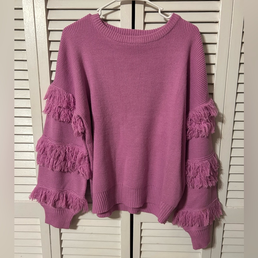 E.SSUE Womens’s knit sweater with fringe sleeves